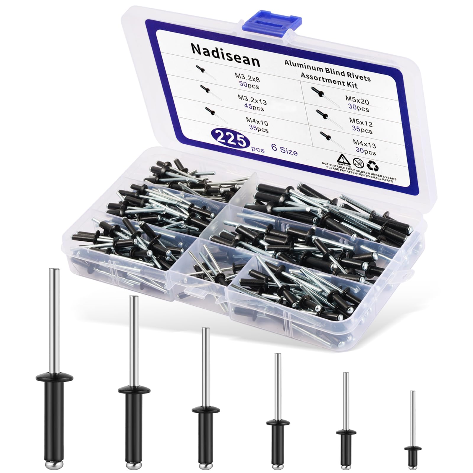 Nadisean 225 Pcs Pop Rivets Assortment Kit, 6 Sizes Aluminum Blind Rivets, Pop Blind Rivets, Black Pop Rivets 3.2mm, 4mm, 5mm with Label and Storage Box for Furniture, Car, Ships, Airplanes