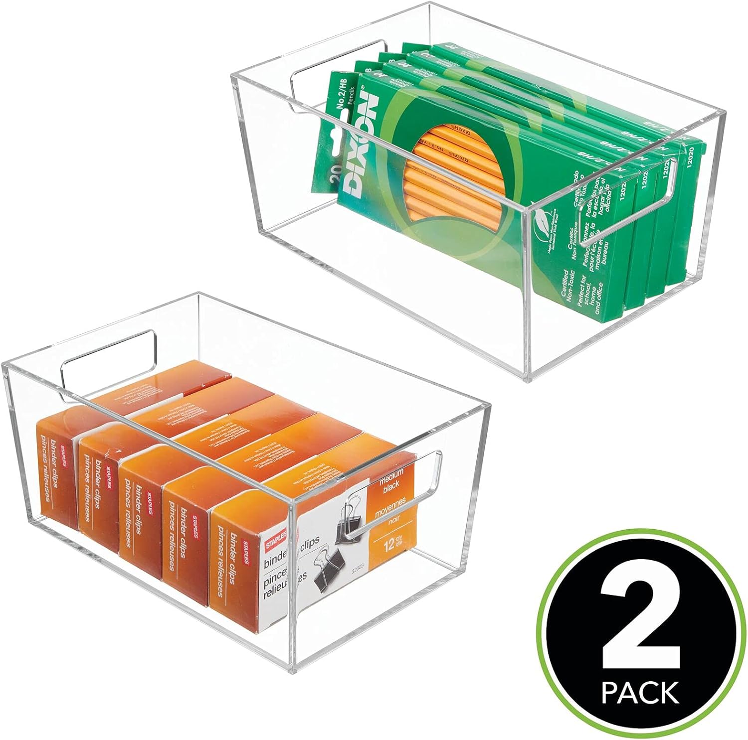 mDesign Rectangular Plastic Office Supplies Storage Organizer Bin with Handles for Paper Pads, Pens, Pencils, Dry Erase Markers, Highlighters, Sticky Notes, Mailing Labels - Small, 2 Pack - Clear: Home & Kitchen