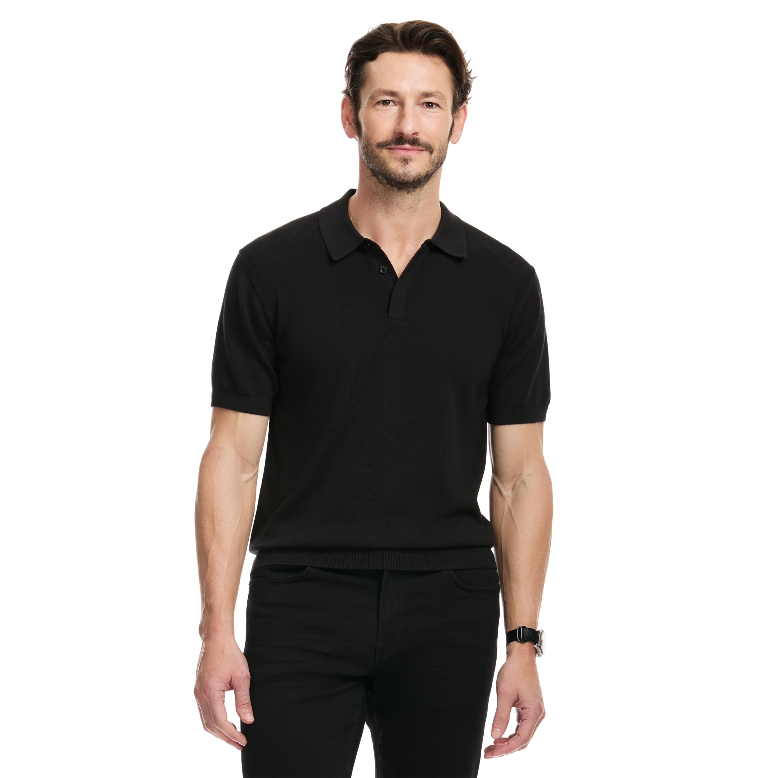 SAKS Fifth Avenue Men’s Short Sleeve Rib Knit Sweater Polo, Premium Cotton Blend Knit Top, Classic-Fit & Richly Detailed, Black, S