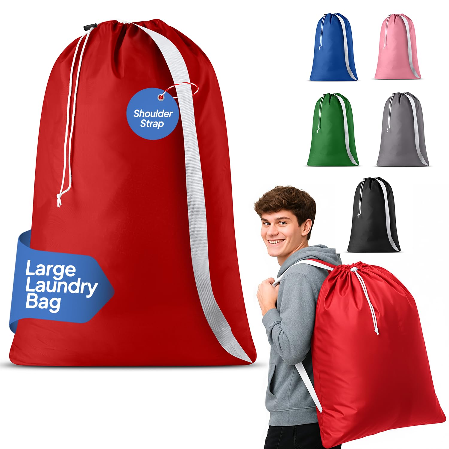 Handy Laundry Bag Shoulder Strap Extra Large - Drawstring Locking Closure, Durable Material, Heavy Duty Stitching, Hands Free Carrying - Perfect College Dorm (Red, 30" x 40")
