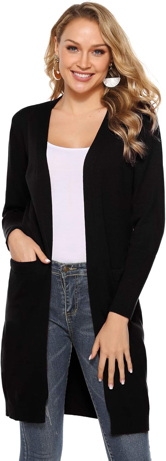 Gilet Femme Long Tricot Veste Longue Avec Poches Cardigan Manches Longues Outwear Elegante Tricot Ouvert Vintage Gilets Vetements