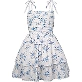 GRACE KARIN Girls Floral Smocked Dress Summer Layered Tie Shoulder Bowknot Flowy Dresses for 7-14 Years