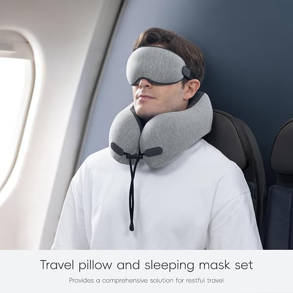 URNEXTTOUR NECK PILLOW FOR TRAVEL MEMORY FOAM DESIGN MODELS PILLOWS WITH ZERO EYE PRESSURE 3D EYE MASK AND COMPACT BAG TRAVELING ESSENTIALS PLANE CAR FLIGHT REST SLEEPING USE ADULT, LIGHT GRAY