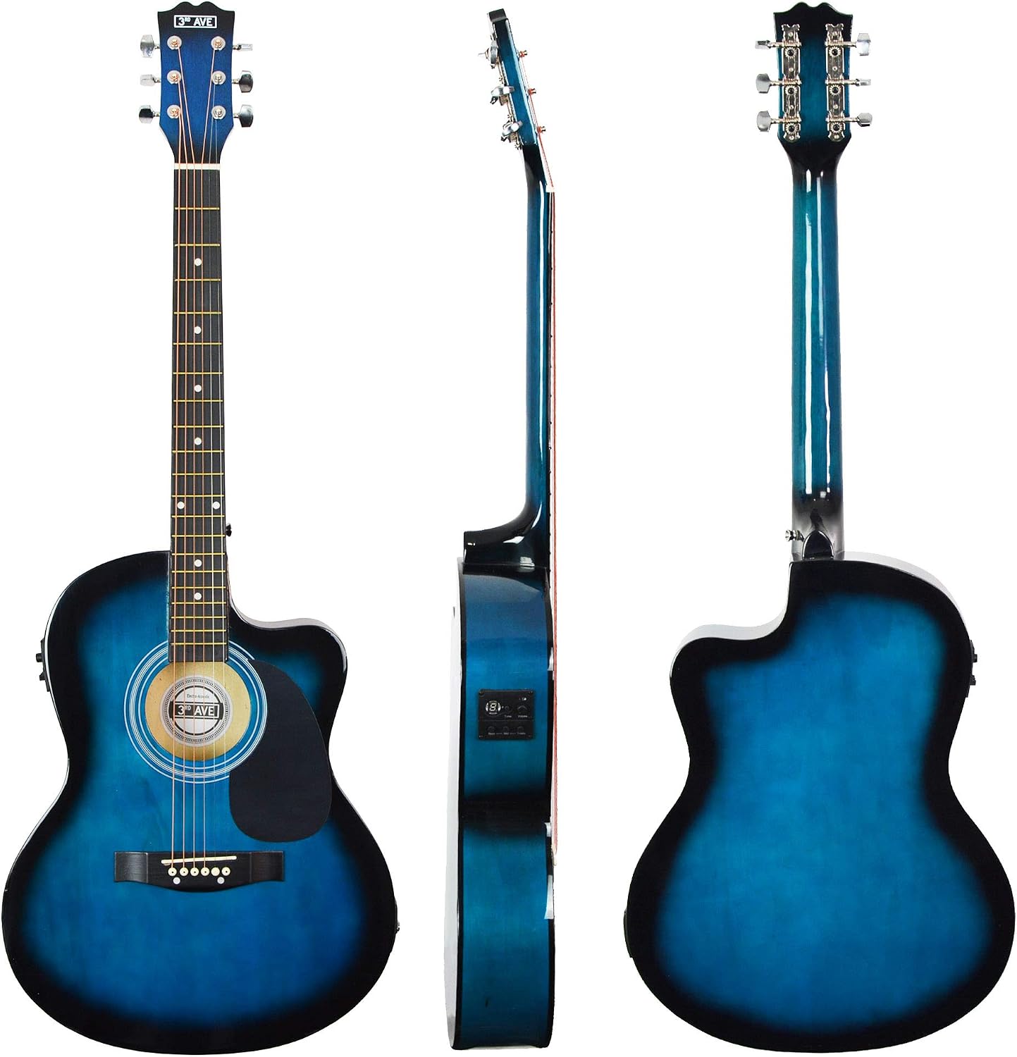3rd Avenue 4/4 Full Size Cutaway Electro Acoustic Guitar Pack for Beginners with Built-in Tuner and EQ – Blueburst - Image 3