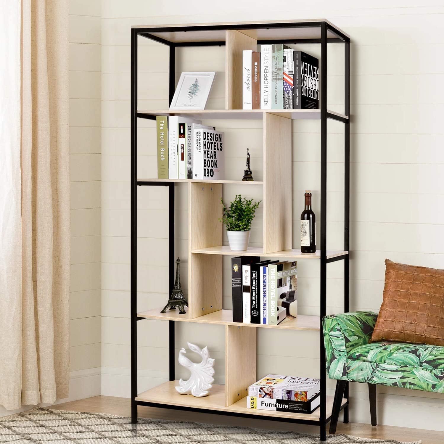 amzdeal Book shelf Unit Large 5Tier Bookcase Standing Shelf Iron Frame