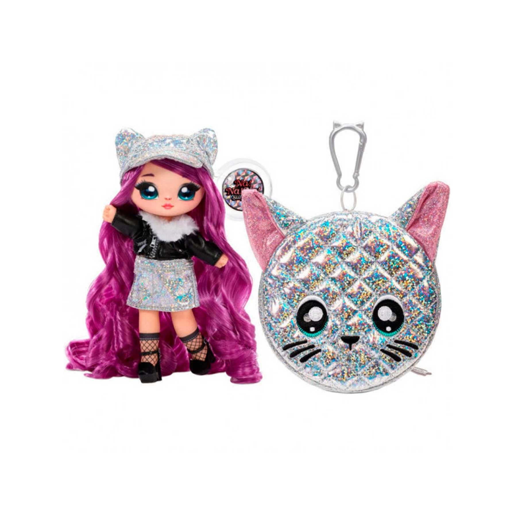 Na Na Na Surprise 2-in-1 Soft Fashion Doll & Metallic Purse Glam Series - Collectable - Purple Hair Doll in Black & Silver Outfit with Silver Holographic Iridescent Cat Purse - Chrissy Diamond
