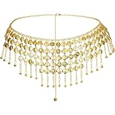 1 Pcs Gold Coin Belly Dance Hip Scarf Belt, Adjustable Length (43.3 Inches) with Metal Chain and Dangling Coins, for Belly Dancing Costume, Halloween Party & Stage Performance Accessory