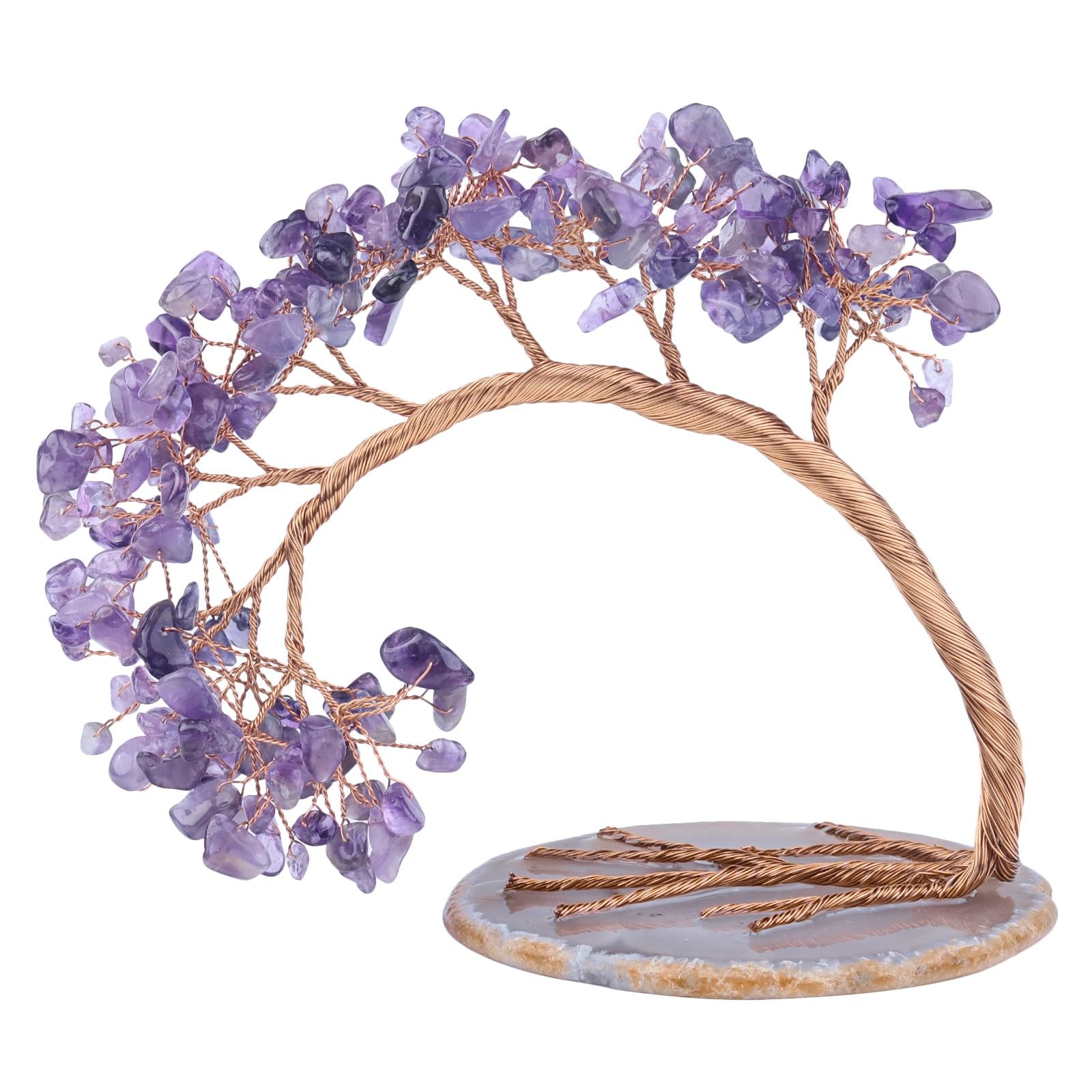 KYEYGWO Amethyst Crystal Money Tree FengShui Bonsai Figurines with Agate Slices Base, Crystal Tree Home Office Ornament for Good Luck and Wealth, 4.5-5.2 inches Tall