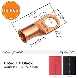 SELTERM 10pcs - 1/0 Awg - 1/2" Stud - Battery Lugs