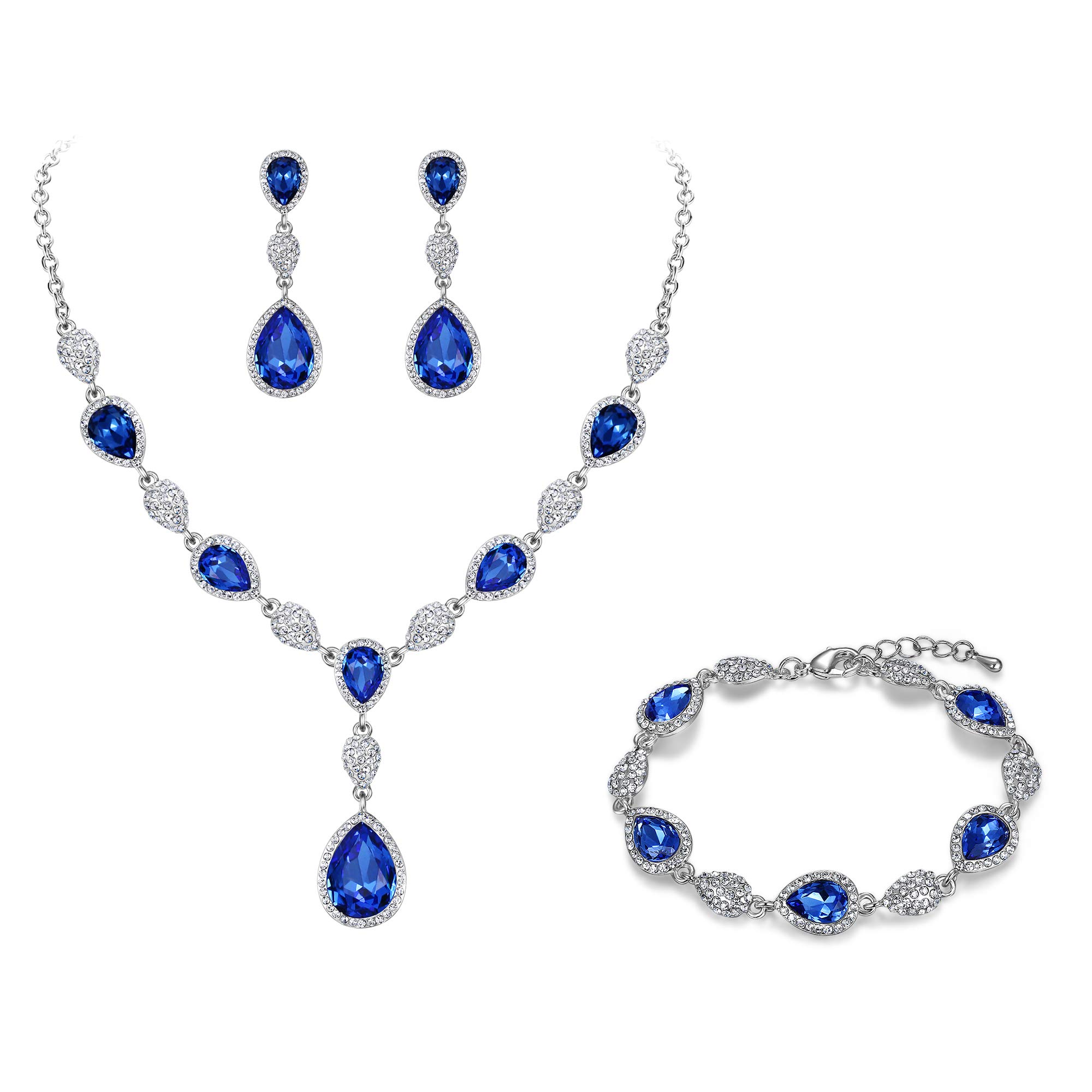 Clearine Gemstone Diamante Teardrop Wedding Bridal Costume Statement Y-Necklace Dangle Earrings Tennis Bracelet Set for Women Blue Sapphire Colour