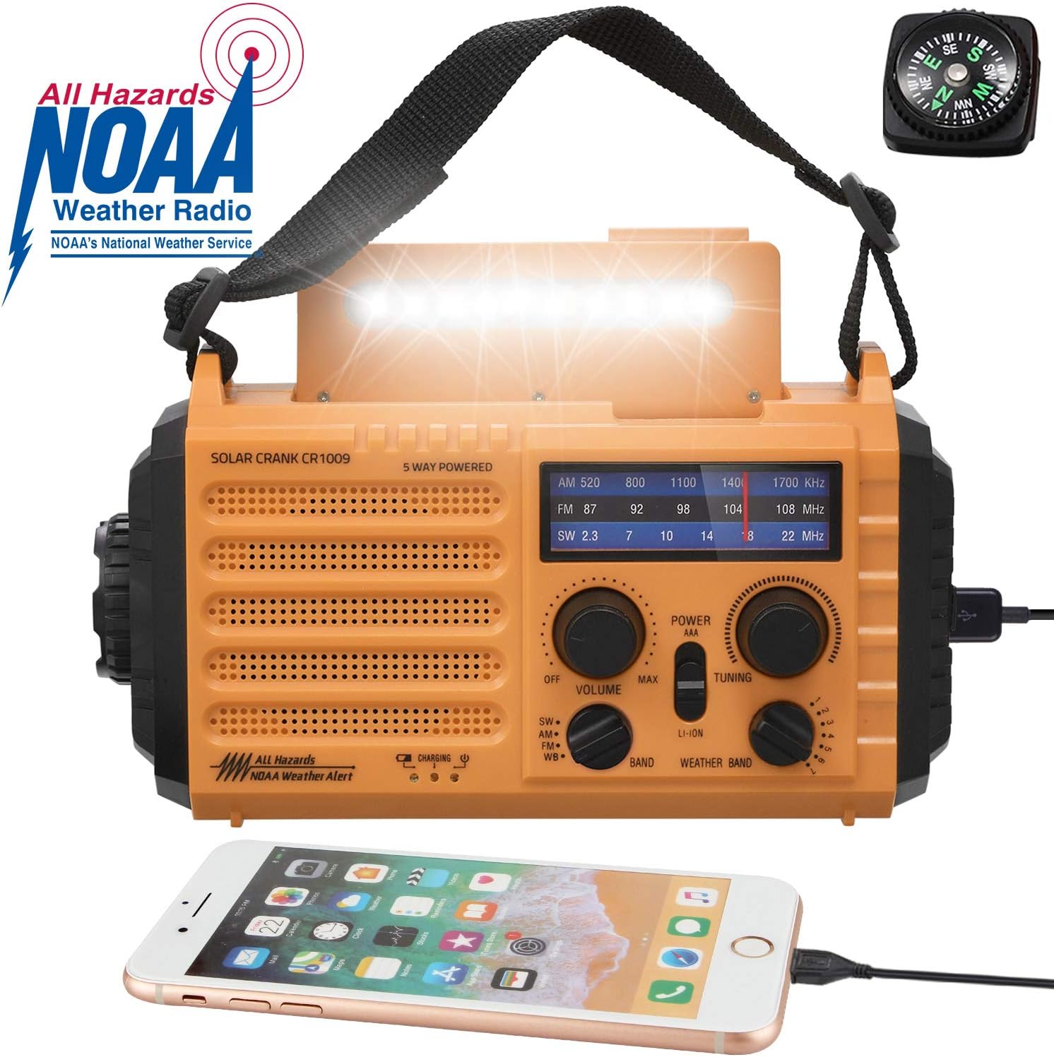 5-Way Powered Solar Hand Crank NOAA Weather Alert Radio,AM/FM Shortwave Survival Portable Outdoor Emergency Radio,2000mAh Rechargeable Battery Cellphone USB Charger,LED Camping Flashlight,SOS&Compass: Home Audio & Theater