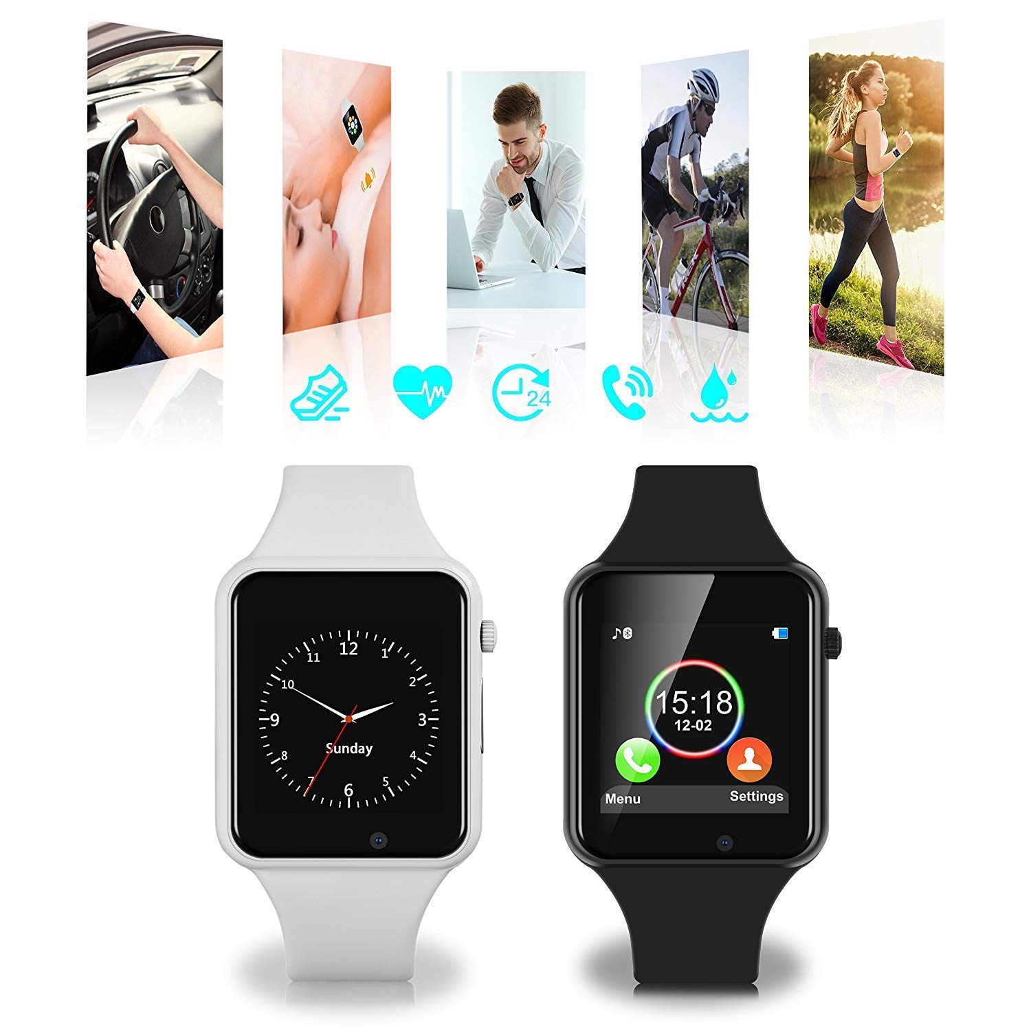 Bluetooth Smart Watch - IOQSOF Touch Screen Sport Smart Wrist Watch Fitness Tracker Camera Pedometer SIM TF Card Slot Compatible Samsung Android Kids Women Men （iPhone Part Compatible）