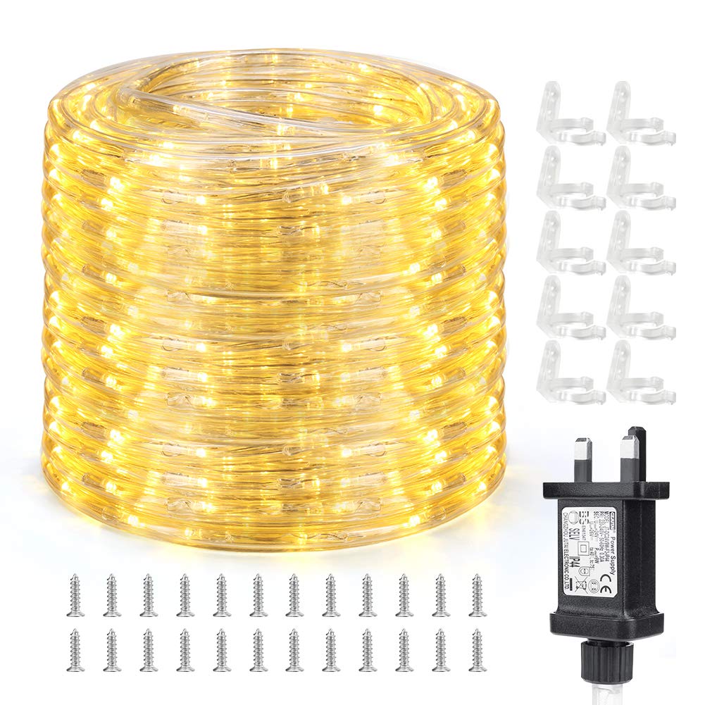 Qedertek LED Rope Lights 10M 240 LED Rope Lights Mains Powered Waterproof Outdoor String Lights Plug in 8 Modes and Memory for Indoor Outdoor Garden Pool Landscape Decorations (Warm White)