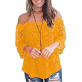 MIHOLL Women's Lace Off Shoulder Tops Casual Loose Blouse Shirts