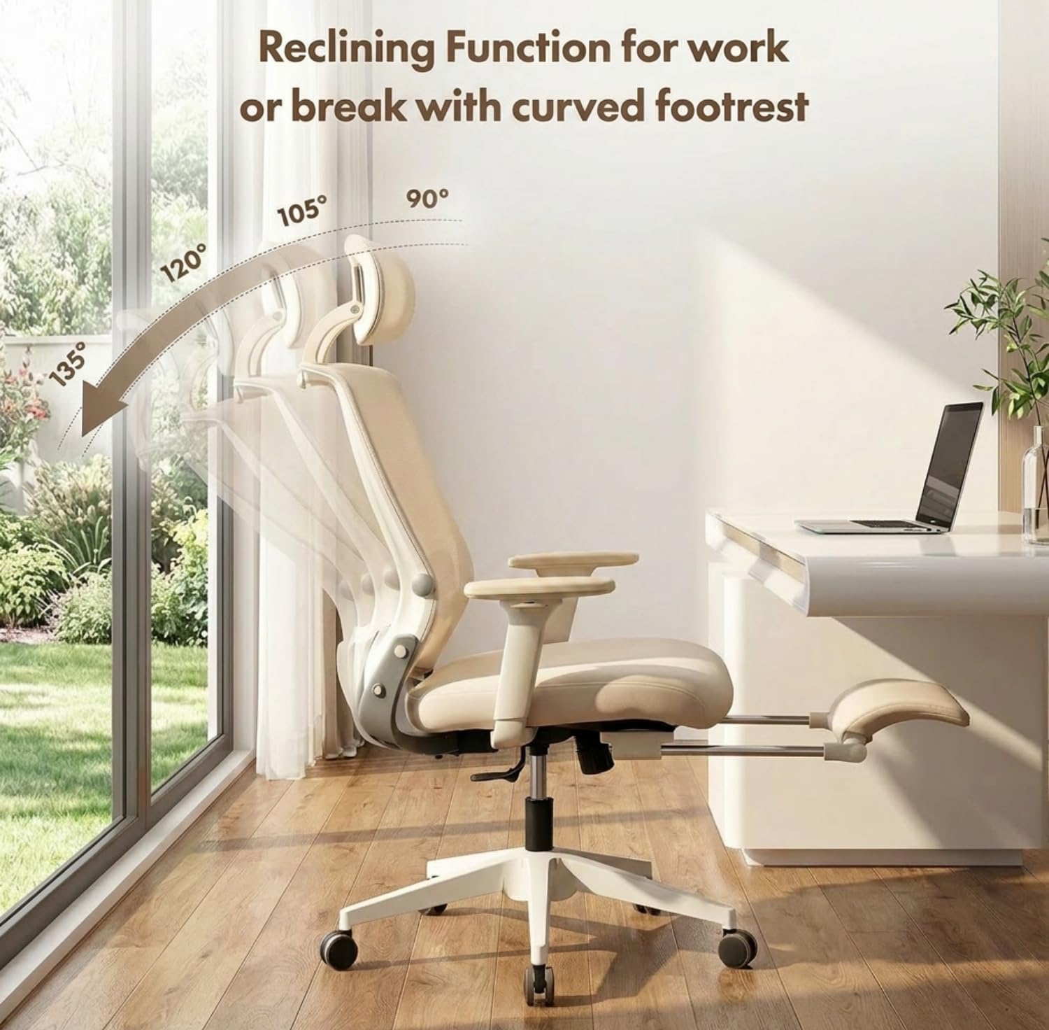 FLEXISPOT Ergonomischer Bürostuhl, Foldex, klappbarer Bürostuhl für Kleine Räume mit Lendenwirbelstütze, Höhenverstellbaren Armlehnen, 2D Kopfstütze, Schreibtischstühle mit Fußstütze Creamweiß 6