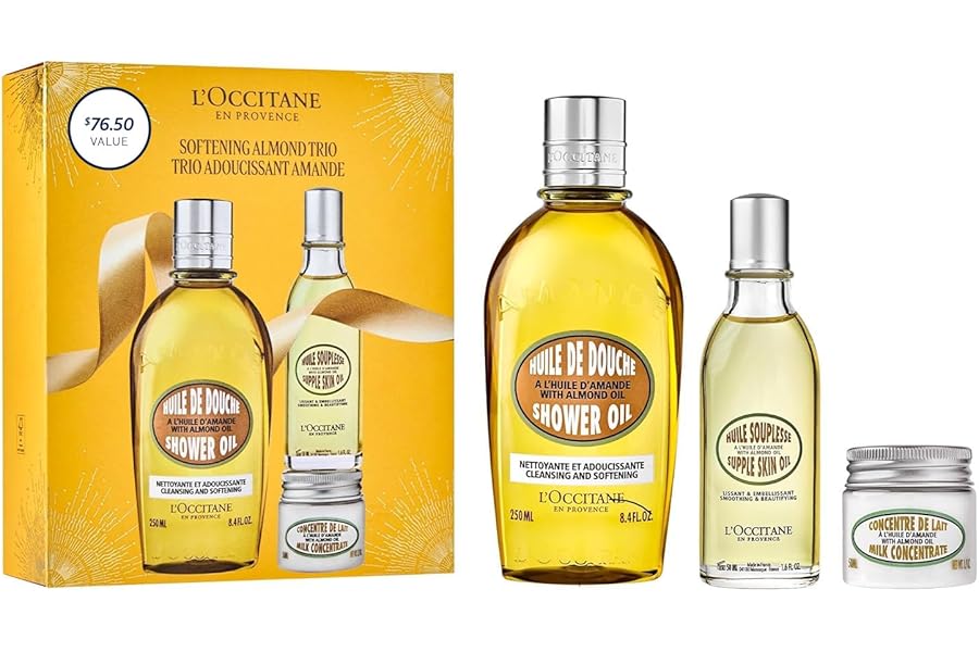L’Occitane Softening Almond Trio Gift Set, Holiday Skincare Essentials with Body Oils & Milk, Moisturizing Travel-Sized Daily Care for Smooth Skin