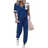 MASCOMODA 2 Piece Outfits for Women 2026 Summer Casual Quarter Zip Short Sleeve Tops Long Pants Tracksuit Jogger Lounge Sets