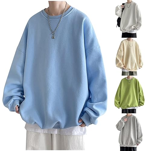 Men's Solid Oversized Crewneck Sweatshirts, Loose Fit Casual Classic Long Sleeve Basic Sweatshirts Autumn and Winter Leisure Comfy Big & Tall Pullover Tops (Sky Blue, XL)