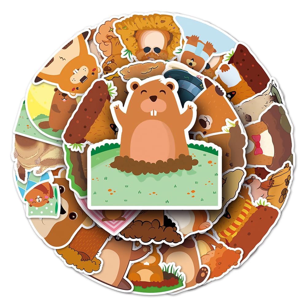 Popular Groundhog Vinyl Stickers, 50 PCS Waterproof Illustrated Animal Decals for Laptops, Scrapbooking, Journals, Notebooks, Water Bottles, Suitcases, Phones & DIY Decor