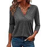 TICTICMIMI Women's V Neck 3/4 Sleeve T Shirts Casual Basic Summer Tees Shirts Loose Fit Tunic Tops