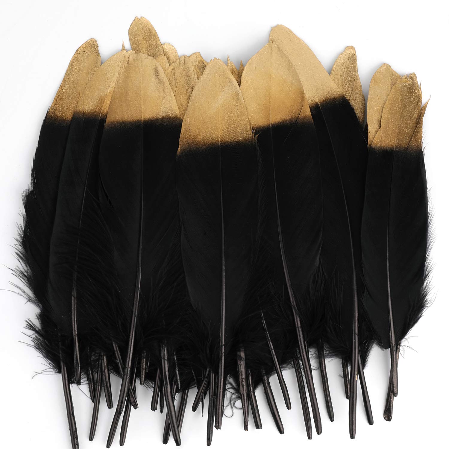 Mwoot 40 Pcs Gold Dipped Black Glitter Feather Goose Real Feather, 6-8 Inch Natural Craft Art Soft Native Feather Accessories for Christmas Decoration, DIY, Party, Wedding, Dream Catcher