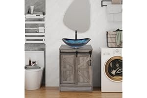 SOLIDEE 24" Barn Door Bathroom Vanity, Farmhouse Style Standing Pedestal Cabinet with Blue Boat Glass Vessel Sink