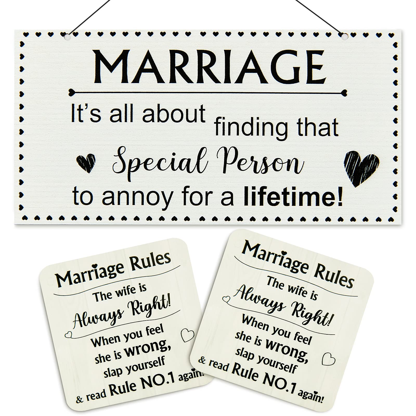 Cunhill Wooden Marriage Plaque - Wedding Sign with 2 Rules Coasters for Bridesmaids