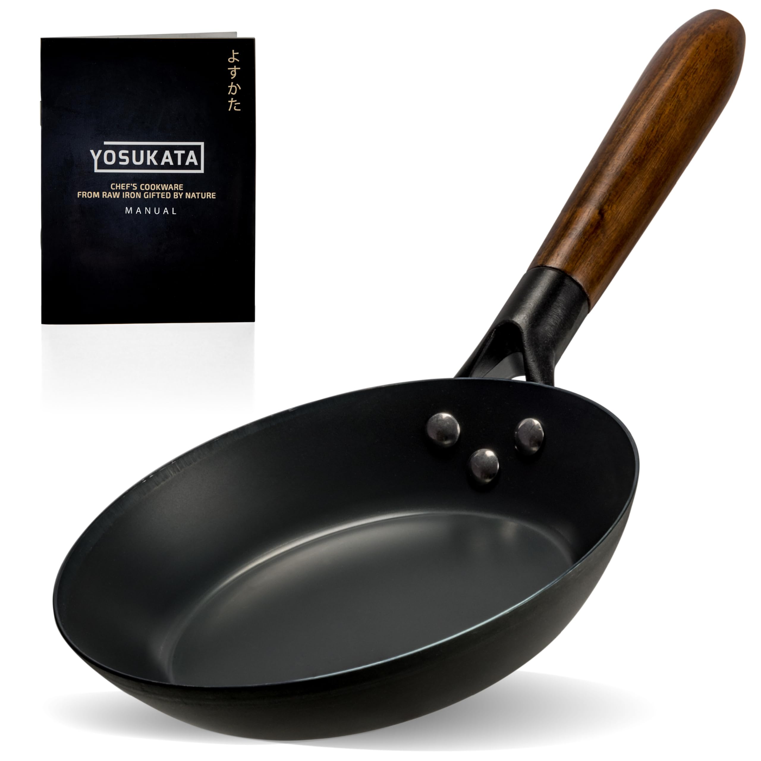 YOSUKATA Coating-Free Carbon Steel Pan - Durable 20 cm Frying Pan for Cooking Healthy Delicious Meals - Carbon Steel Skillet with Removable Heat-Resistant Wooden Handle