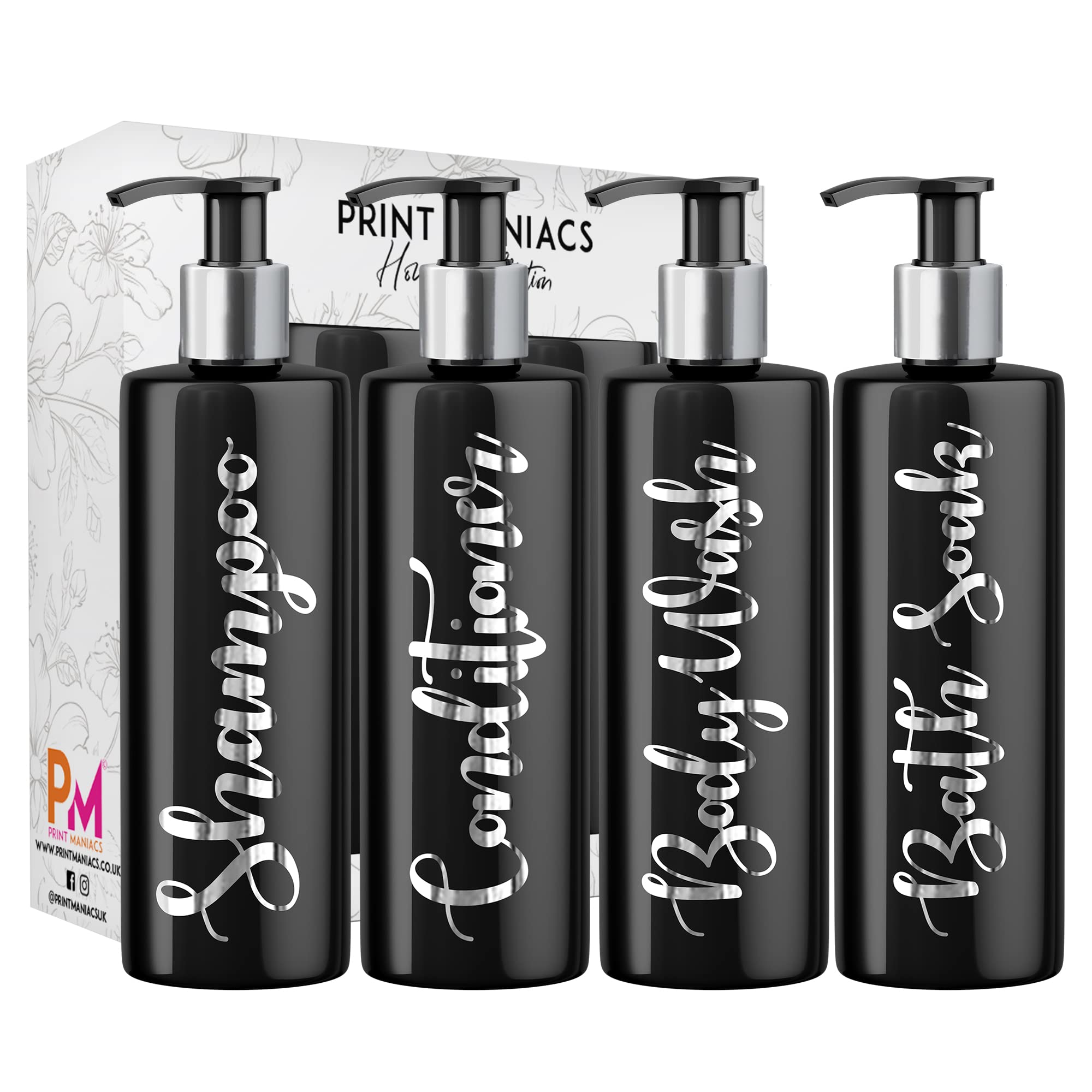 Print Maniacs Mrs Hinch Inspired Black Personalised Pump Bottles 500ml Bathroom Kitchen Set Shampoo Conditioner (Shiny Silver)