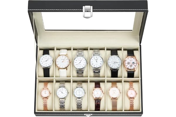 Ohuhu Watch Box Organizer for Men -12 Slot Leather Watch Case with Real Glass Lid Watch Display Case, Watch Organizer Jewelry