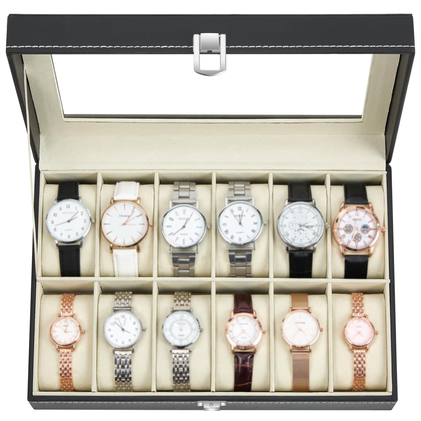 Ohuhu Watch Box with 12 Slots, Watch Case with Glass Lid, Watch Holder with Removable Velvet Pillows, PU Leather, Metal Clasp, Gift Idea for Birthday Valentine's Day