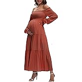 JINDIIM Women's Fall Long Sleeve Maternity Maxi Dress Flowy Tiered A Line Photoshoot Baby Shower Dress