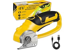 PRATUOR Cordless Electric Scissors, 4V Box Cutter & Cardboard Cutter with Upgrade Blade, LED Light, Safety Lock - Rechargeable Rotary Cutter for Fabric, Leather, Plastic, Crafting, Sewing, Industrial (Yellow)