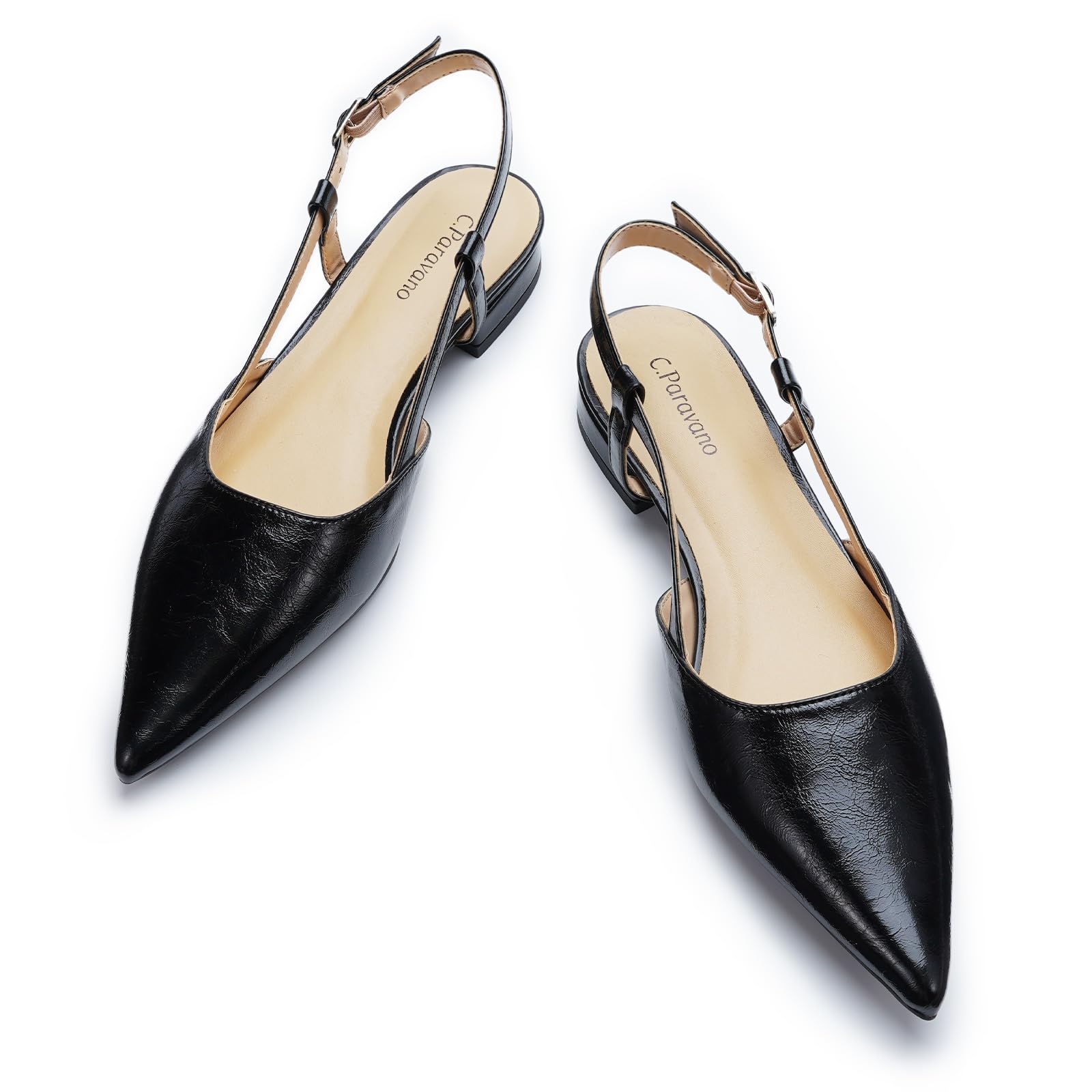 Photo 1 of C.Paravano Women's Slingback Flats Pointed Toe Slingback Flats for Women Slingback Sandals Adjustable Ankle Strap Shoes(Size 9.5,Black-T)