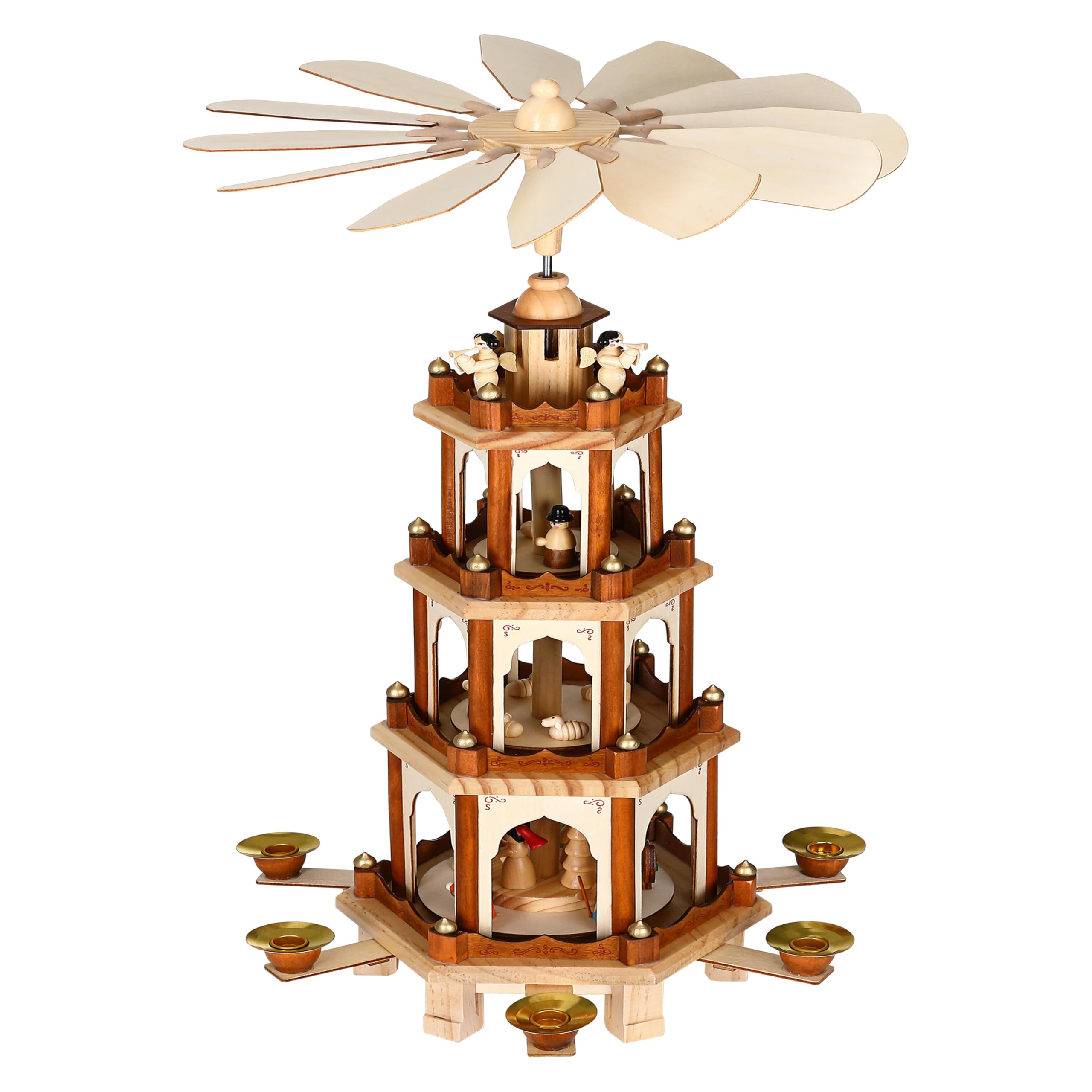 Spielwerk® 4-Tier German Christmas Pyramid Windmill | Hand-Painted Rotating Christmas Decorations for Home | Traditional Advent Candle Holder | Classic Xmas Décor Centrepiece | Brown