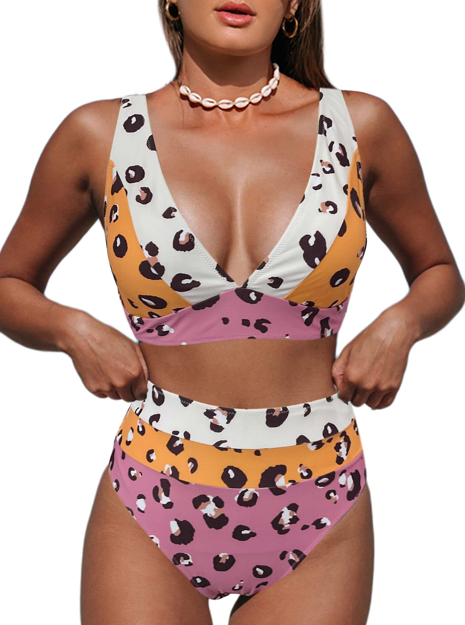 Photo 1 of Hilinker Women's Leopard Bikini Swimsuits V Neck High Waisted 2 Piece Bathing Suits (as1, Alpha, s, Regular, Regular, Multicolor Leopard)