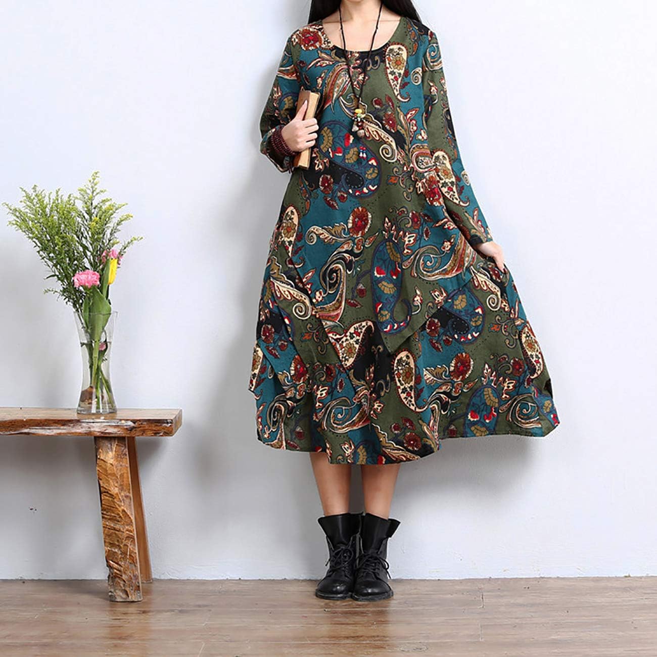 Amazon Co Jp ピオニーポップ 長袖 エスニック ペイズリー柄 アジアンテイスト 民族柄 柄 ロング ワンピース レディース 服 ファッション小物