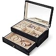 Meangood Jewelry Box Organizer for Women, 2 Layer Large Jewelry Storage Case, Rustic Wooden Jewelry Box with Mirror & Ring Tray for Necklace Earring Bracelets Rings, Vintage Style (Black)