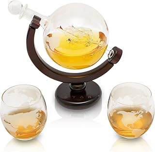 VinoYes Edle Whisky Karaffe mit Whiskygläser Set aus Handarbeit | Decanter Whisky set mit schöner Geschenkbox | luftdichter Verschluss | Glasskaraffe mit Whiskyglas für Whiskykenner mit Globus | 850ml