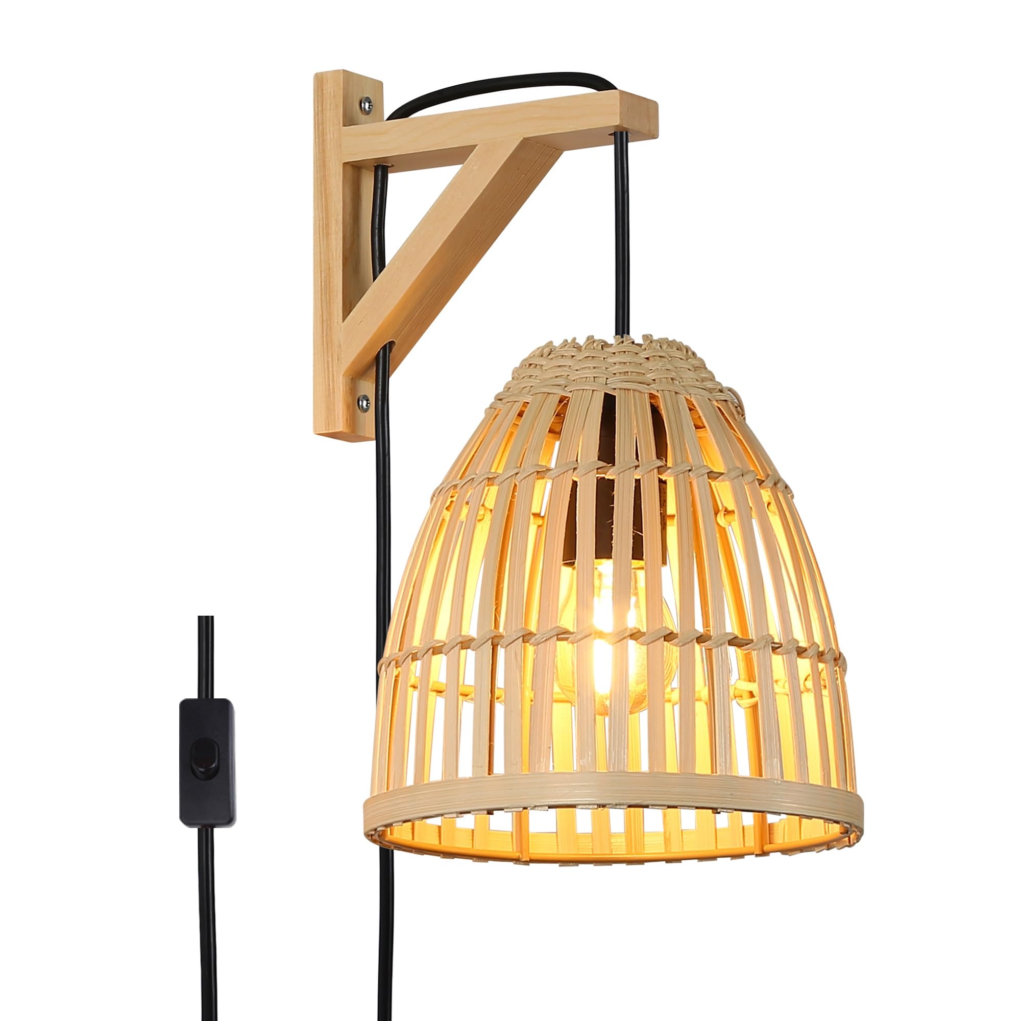 SUNLLOK Modern Bamboo Wall Light Fixture - Basket Rattan Lampshade Plug in Hanging Wall Mounted Lamp with Switch, Indoor Wood Wicker Wall Sconces for Kitchen Island Living Room Restaurant
