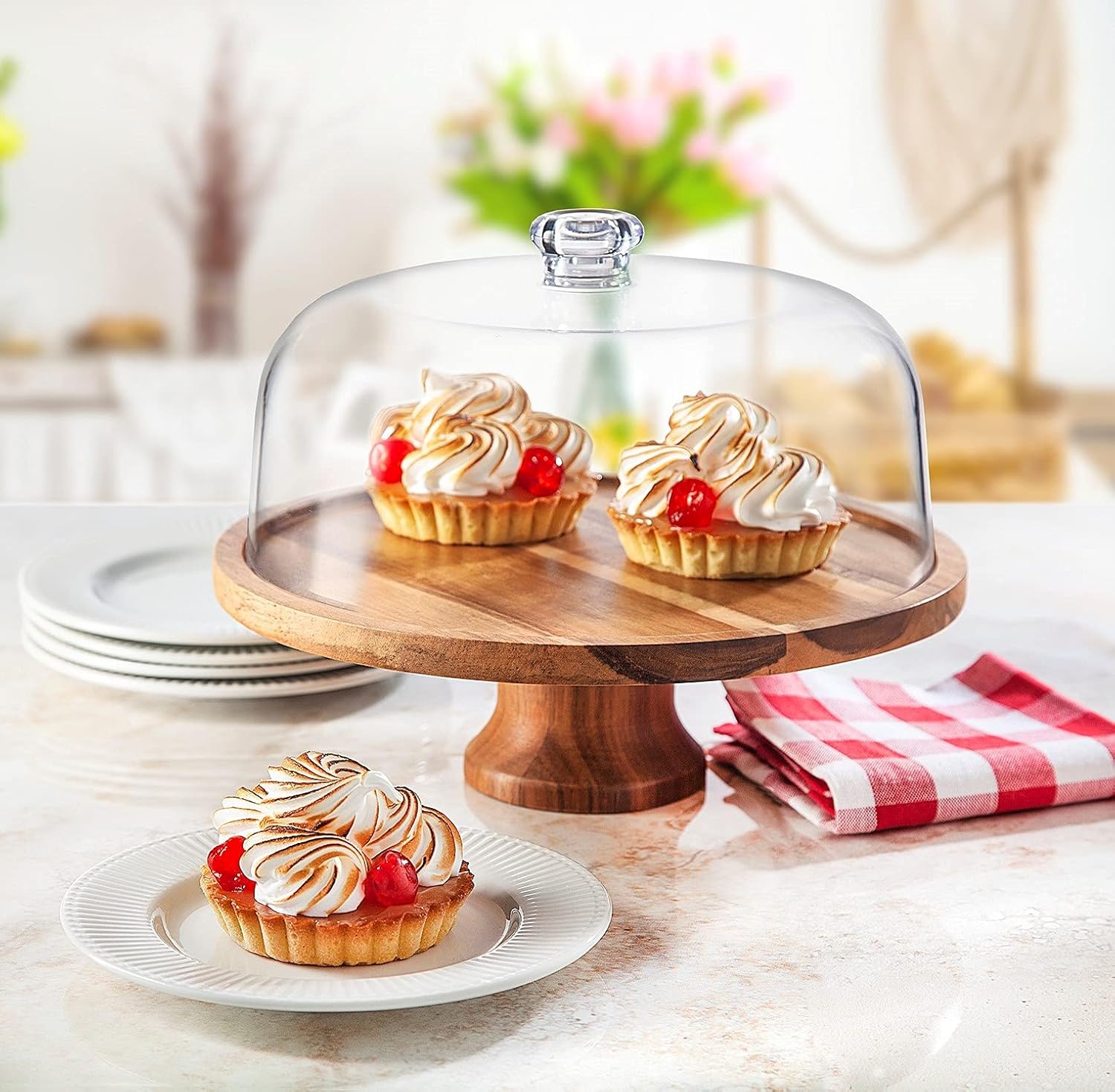 Godinger Cake Stand, Footed Cake Plate Server with Dome, Acaciawood and Shaterproof Acrylic Lid: Kitchen & Dining
