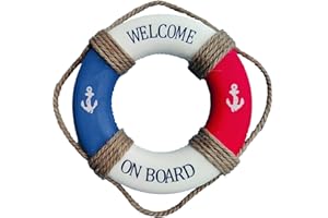 MorroMorn Lifebuoy Wall Hanging Decor - Welcome Aboard Mediterranean Style Home Decoration Hemp Rope (Red & Blue, 20")