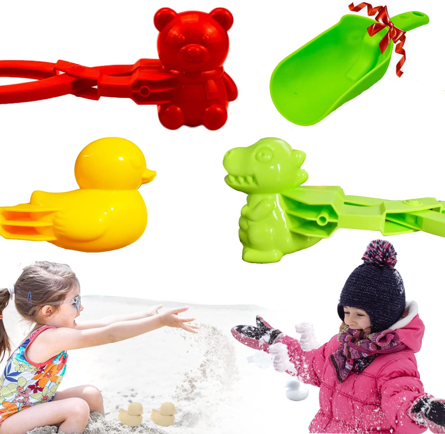 Artificial Snow - Muazida Set 3 Pack Bigger Size Sand Maker Snowball Maker (Bonus Shovel) | Large Duck Bear Dinosaur Snows | Duck Snow Sand Mold | Gift for Winter, Snow Season