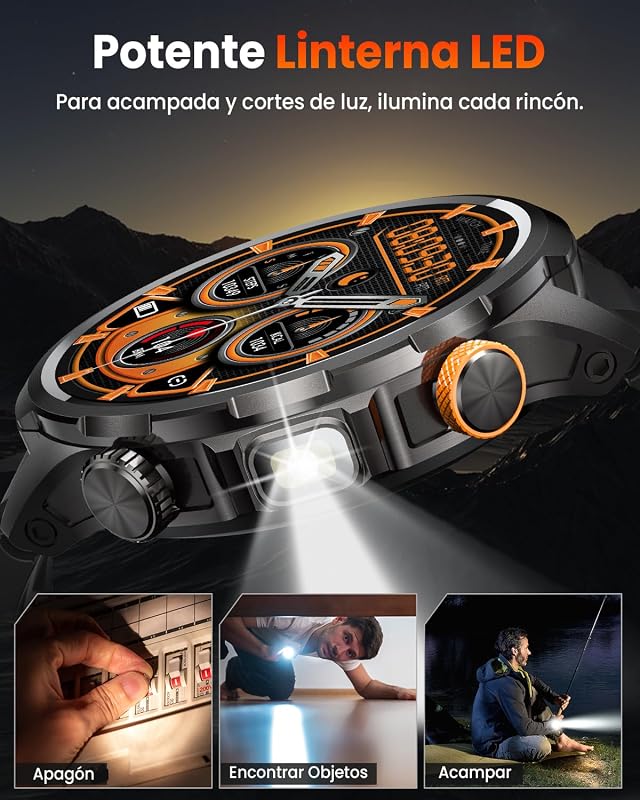 Reloj Inteligente Hombre con 1000mAh Batería y Linterna, Negro — foto 4 de 8