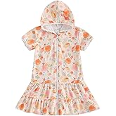 Licupiee Girls Hooded Terry Coverups Zip Up One Piece Swimsuits Sea Animals Print Short Sleeve Ruffle Swim Cover Up Swimwear