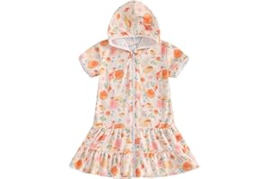 LICUPIEE Girls Hooded Terry Coverups Zip Up One Piece Swimsuits Sea Animals Print Short Sleeve Ruffle Swim Cover Up Swimwear