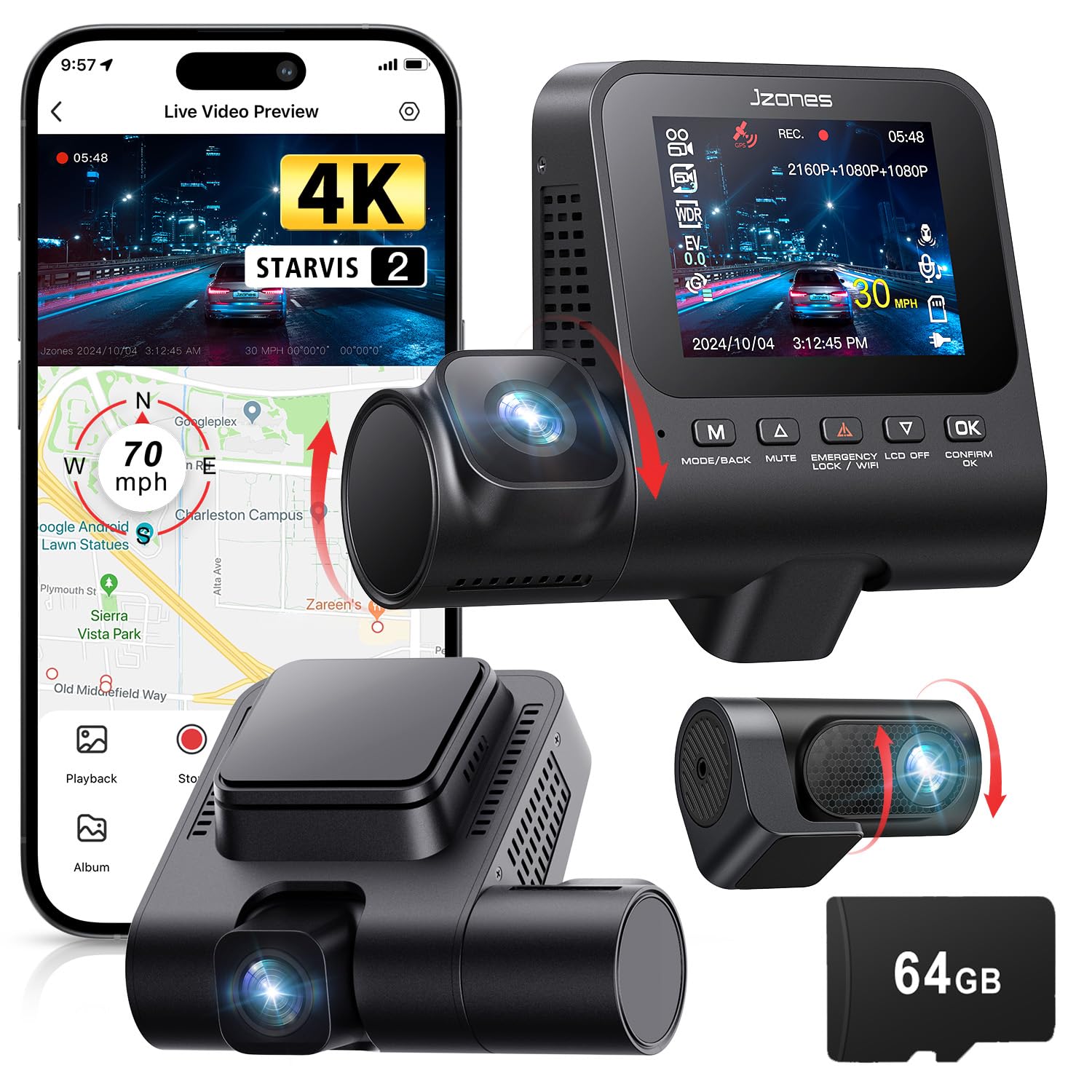 Dash Cam Front and Rear: 4K+1080P+1080P 3 Channel Dash Camera for Cars, STARVIS 2 Sensor Dash Camera with HDR Night Vision, 24H Parking Mode Car Camera with GPS, Free 64GB Card Image Dash Cam Front and Rear: 4K+1080P+1080P 3 Channel Dash Camera for Cars, STARVIS 2 Sensor Dash Camera with HDR Night Vision, 24H Parking Mode Car Camera with GPS, Free 64GB Card Image