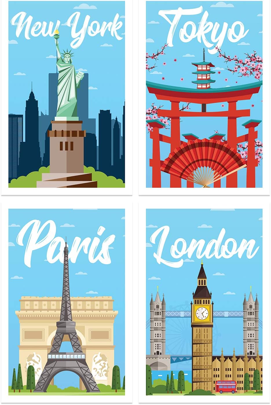Damdekoli Travel Posters, Set of 4, 11x17 Inches, Wall Art Print Decor, New York, London, Tokyo, Paris