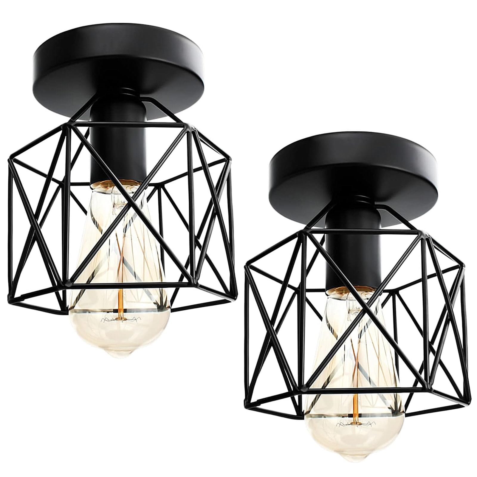 2PCS Industrial Vintage Ceiling Light,Semi Flush Rustic Ceiling Lights,Black Metal Lantern Ceiling Light for Living Room Kitchen Bedroom Hallway Courtyard