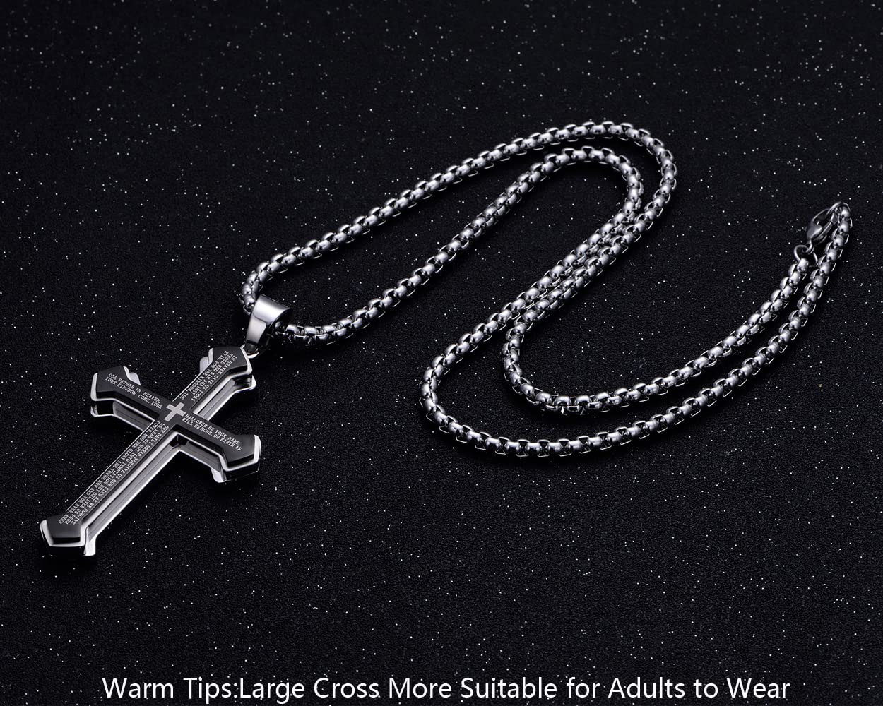 Rehoboth Men's Stainless Steel Nail Lord's Prayer Cross Pendant Necklace for Men Women Big Pendant and Strong Chain 24